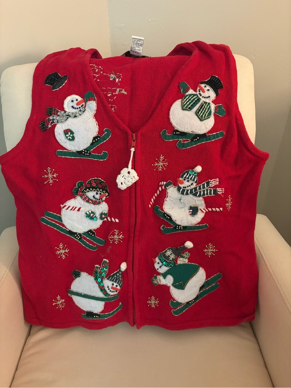 Tiara Red Skiing Snowman Holiday Vest with Green Accents